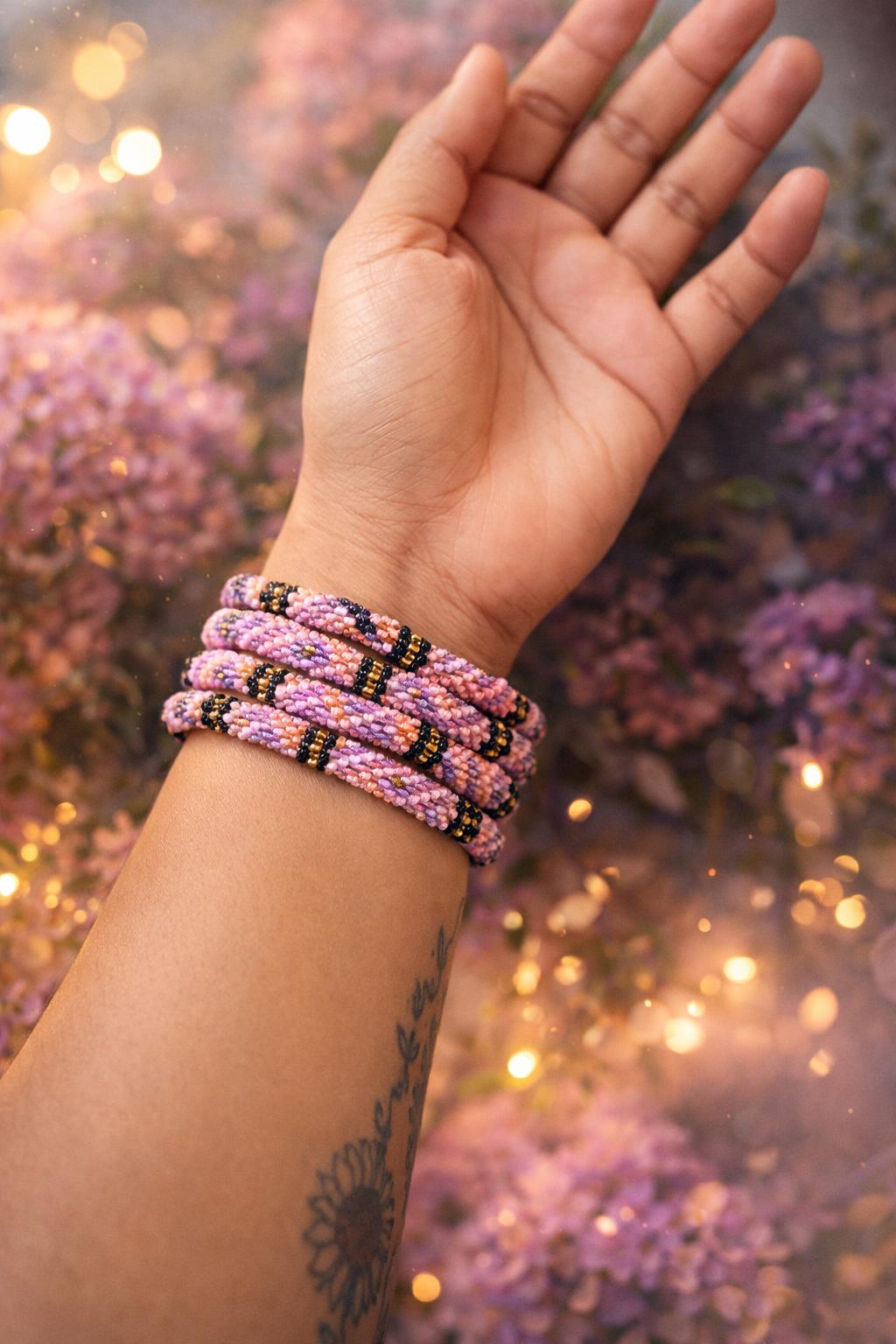 Handcrafted Glass Bead Bracelet - Golden Orchid