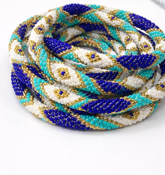 Handcrafted Glass Bead Bracelet - Royal Aqua Weave
